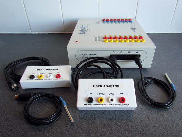 Photo of a SmartBox computer control system with two home-made User Adaptors and two home-made temperature sensors