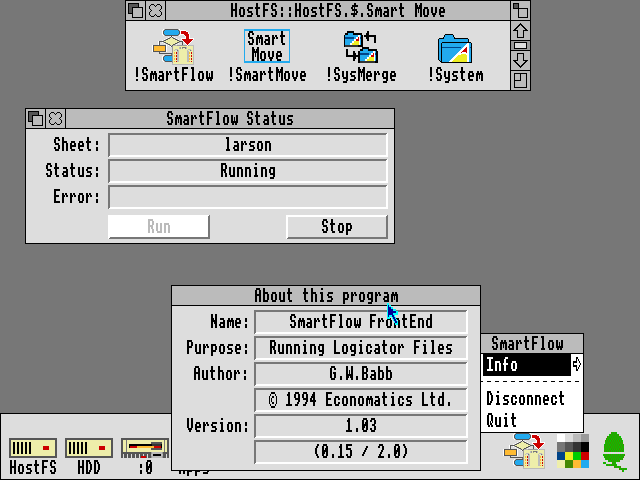 Screenshot of SmartFlow RISC OS application running a flowchart on the SmartBox